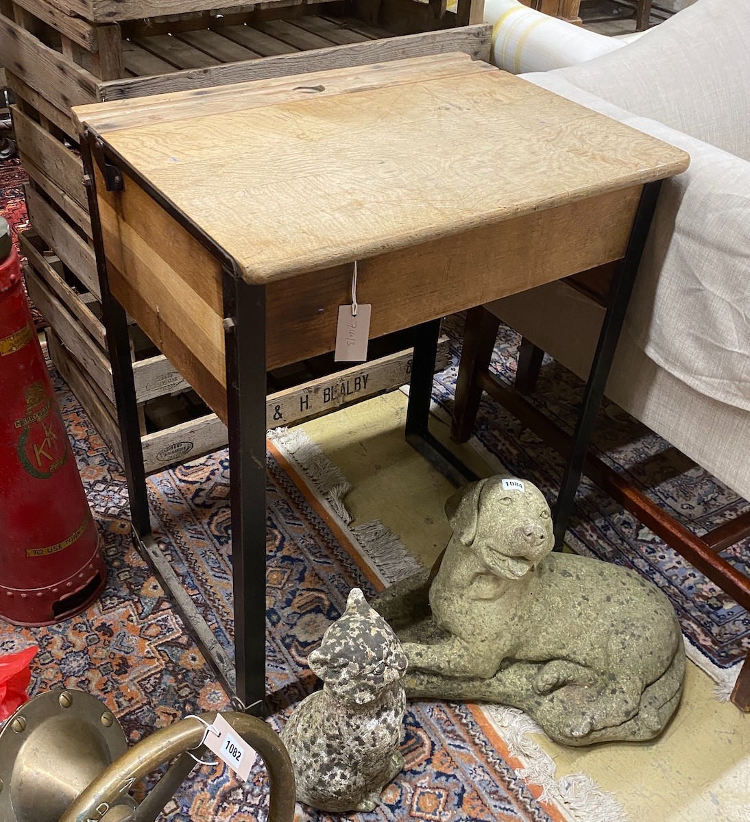 A vintage oak student's desk, width 60cm, depth 46cm, height 76cm